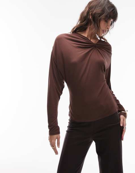 ASOS DESIGN soft twist shoulder long sleeve top in chocolate