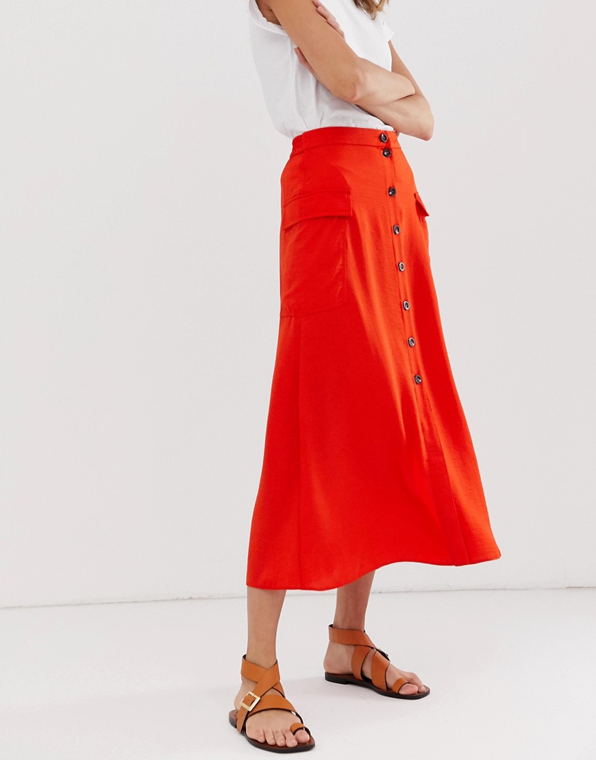 ASOS DESIGN soft utility city maxi skirt with button front-Red
