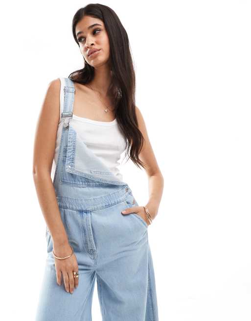 ASOS DESIGN soft wide leg dungarees in mid blue