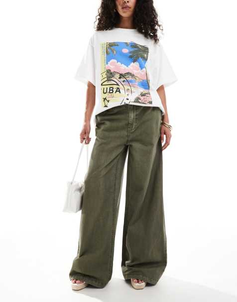 ASOS DESIGN soft wide leg jean with linen in khaki - view 1