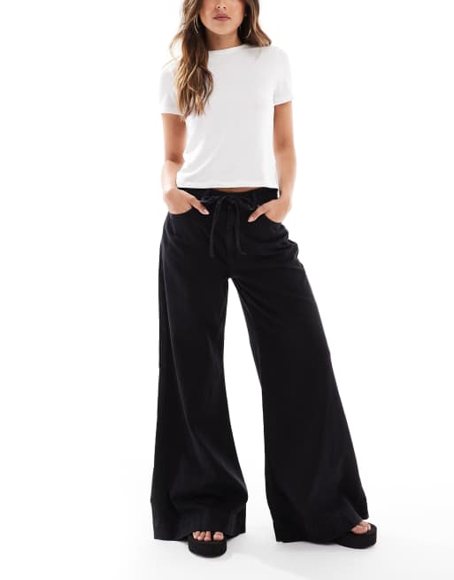 ASOS DESIGN soft wide leg jean with tie waist in black