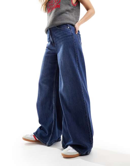 Women's Classic Denim Jeans Wide Leg Elastic High Waist Drawstring Pants  with Pockets, Fleece Dark Blue, S : : Fashion