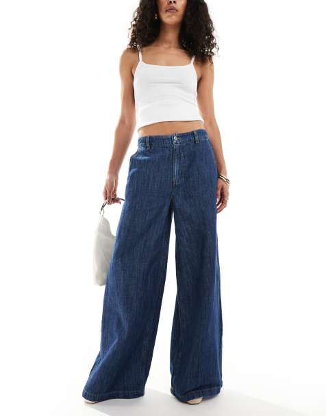 ASOS DESIGN soft wide leg jeans with linen in dark mid blue - view 1