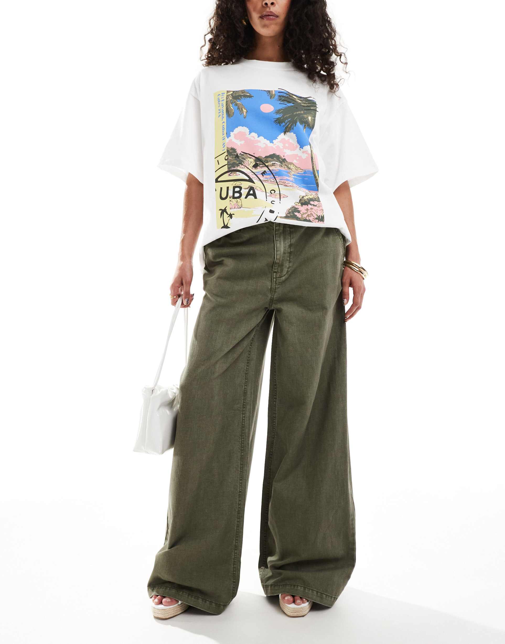 asos design soft wide leg jeans with linen in khaki