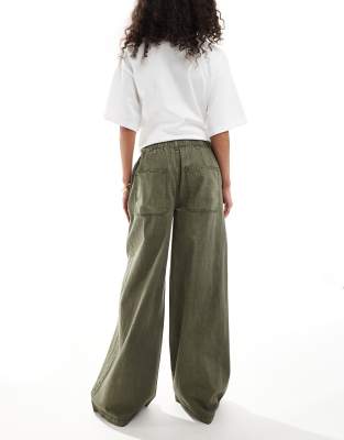 ASOS DESIGN soft wide leg jeans with linen in khaki