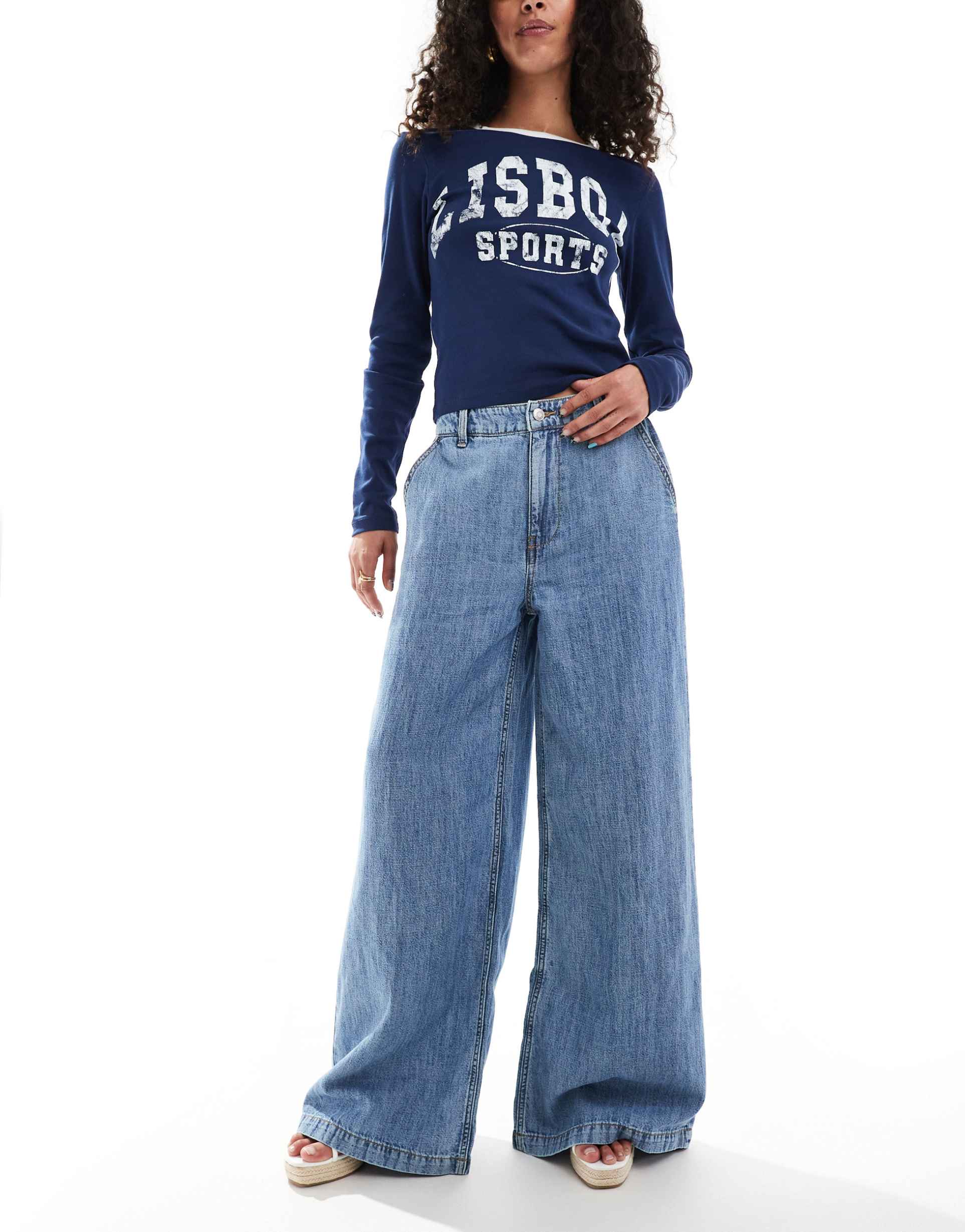 asos design soft wide leg jeans with linen in light mid blue