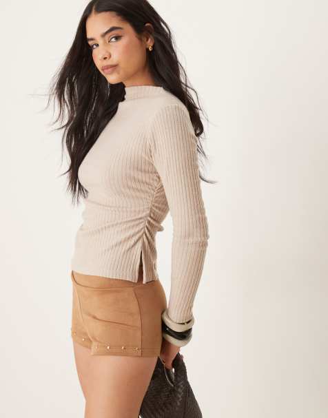ASOS DESIGN softtouch ruched side high neck rib top in oatmeal - view 1