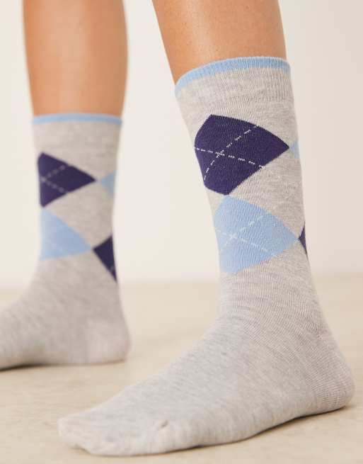 ASOS DESIGN - Sokken met Argyle ruit in marineblauw en blauw en gemêleerd grijs, 2 van 3