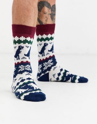 ASOS DESIGN - Sokken met kerstprint van fairlisle- en dinosaurusmotief-Multi