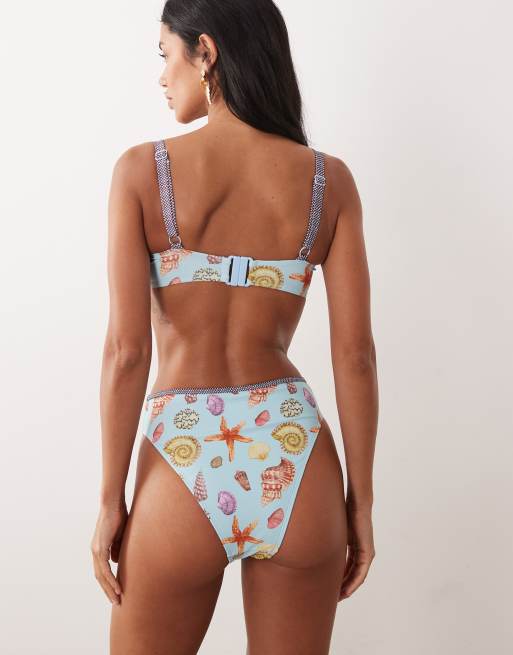 ASOS DESIGN Solar Starfish high leg high waist bikini bottom in blue sea print, 3 of 4