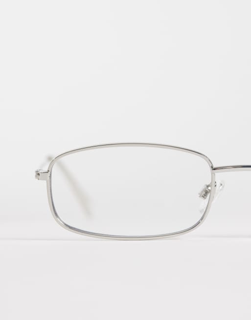 ASOS DESIGN solglasögon med metallbåge i silver med genomskinliga blå ljusglas, 2 av 3