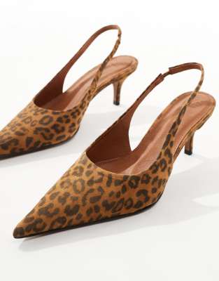 Asos Design Solo Premium Leather Slingback Mid Heeled Shoes In Leopard-multi