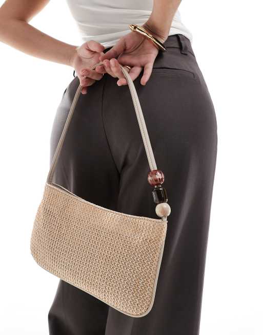 ASOS DESIGN – Słomkowa torebka na ramię w kolorze naturalnym z paskiem zdobionym kulkami z tworzywa 
