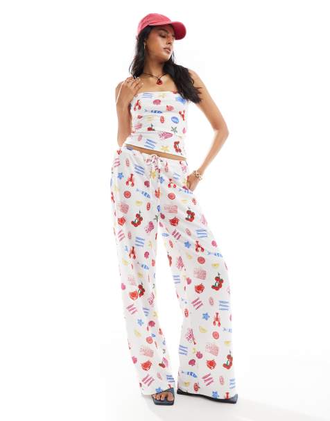 ASOS DESIGN – Sommarmatsmönstrat, strukturerat set med byxor med vida ben och bandeau-topp - view 1