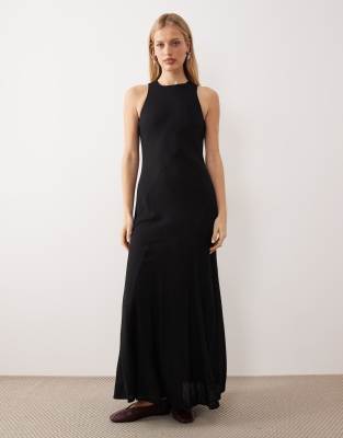 ASOS DESIGN - Sommerkleid in Maxilänge aus Leinenmix in Schwarz mit Ringerrücken und Godet-Details