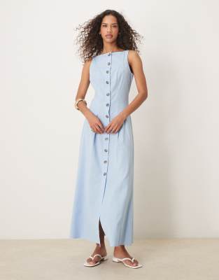 ASOS DESIGN - Sommerkleid in Maxilänge in Blau mit Westendesign, Knopfleiste und U-Boot-Ausschnitt