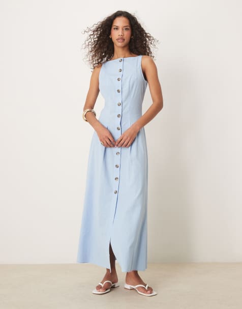 ASOS DESIGN – Sommerkleid in Maxilänge in Blau mit Westendesign, Knopfleiste und U-Boot-Ausschnitt - view 1