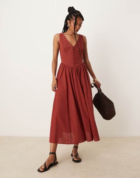 ASOS DESIGN – Sommerkleid in Maxilänge in Burgunderrot mit V-Ausschnitt, Knopfleiste und tief angesetzter Taille - view 1