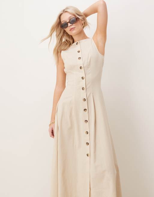 ASOS DESIGN – Sommerkleid in Maxilänge in Hellbeige mit Westen-Schnitt, Knopfleiste und U-Boot-Ausschnitt, 2 von 4