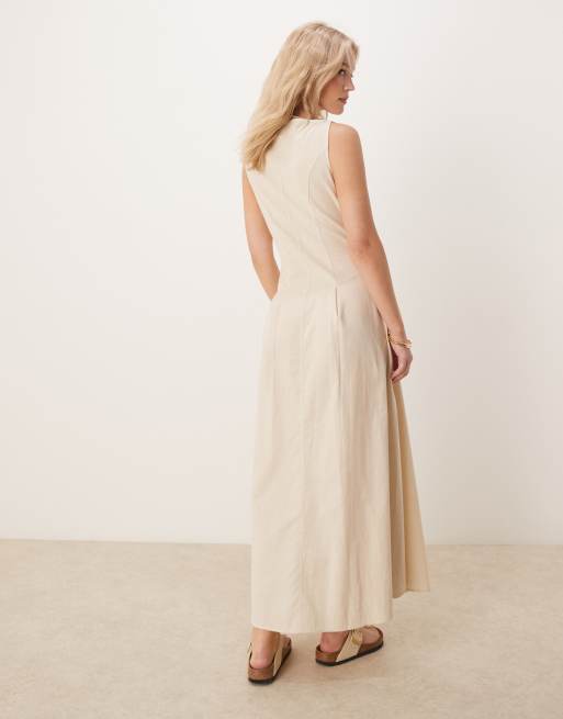 ASOS DESIGN – Sommerkleid in Maxilänge in Hellbeige mit Westen-Schnitt, Knopfleiste und U-Boot-Ausschnitt, 4 von 4