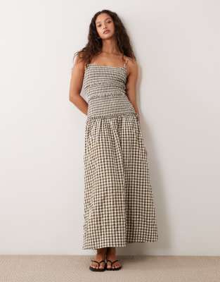Sommerkleid in Maxilänge in Olivgrün und Cremeweiß mit Knitterstruktur, Vichy-Karomuster und gesmokter, tiefer Taille-Mehrfarbig Mehrfarbig 40
