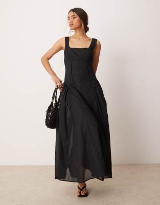 ASOS DESIGN - Sommerkleid in Maxilänge in Schwarz im Western-Stil mit eckigem Ausschnitt und tief angesetzter Taille