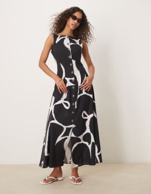 ASOS DESIGN - Sommerkleid in Maxilänge in Schwarz mit Westendesign, Knopfleiste, U-Boot-Ausschnitt und abstraktem Muster...