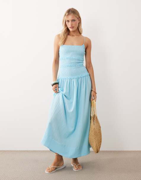 ASOS DESIGN – Sommerkleid in Maxilänge in tropischem Türkis mit Knitterstruktur und tiefer, gesmokter Taille - view 1