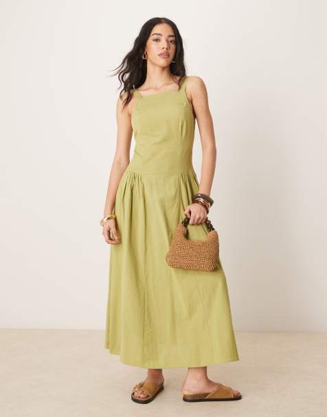 ASOS DESIGN – Sommerkleid in Midilänge in Grün mit eckigem Ausschnitt und tiefer Taille - view 1
