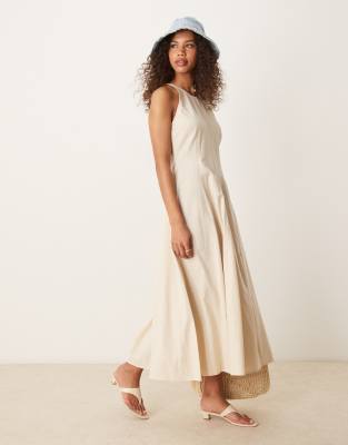 ASOS DESIGN - Sommerkleid in Midilänge in Hellbeige mit Ziernaht-Braun
