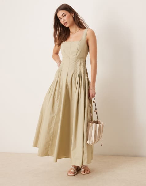 ASOS DESIGN – Sommerkleid in Midilänge in Kittbeige mit U-Ausschnitt und Falten in der Taille - view 1