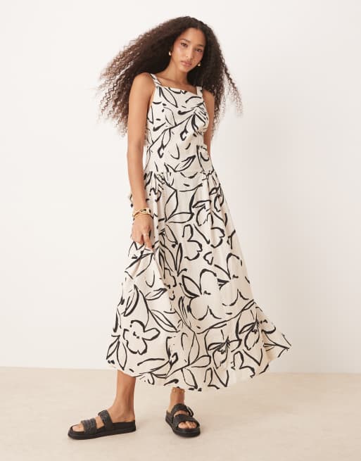 ASOS DESIGN – Sommerkleid in Midilänge in neutraler Farbe mit Blumenprint, eckigem Ausschnitt und tiefer Taille 