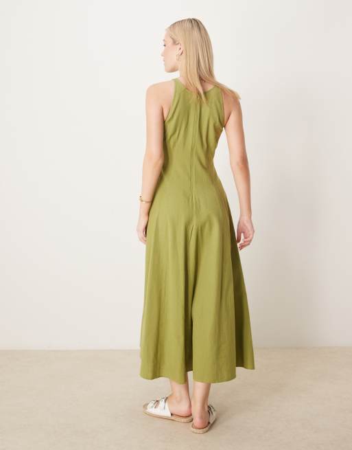 ASOS DESIGN – Sommerkleid in Midilänge in Olivgrün mit Ziernaht , 3 von 4