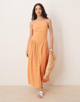 ASOS DESIGN - Sommerkleid in Midilänge in Papaya mit eckigem Ausschnitt und tiefer Taille-Orange
