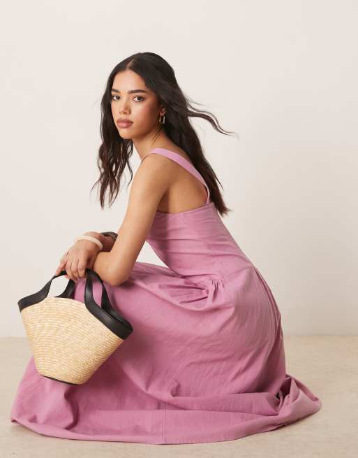 ASOS DESIGN – Sommerkleid in Midilänge in rauchigem Rosa mit eckigem Ausschnitt und tiefer Taille, 2 von 4