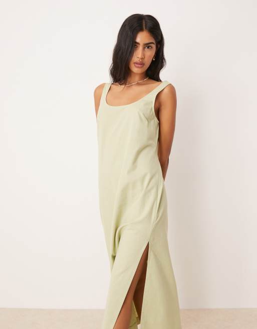 ASOS DESIGN – Sommerkleid in Midilänge in Salbeigrün aus Baumwoll-Leinenmix mit U-Ausschnitt, 3 von 4