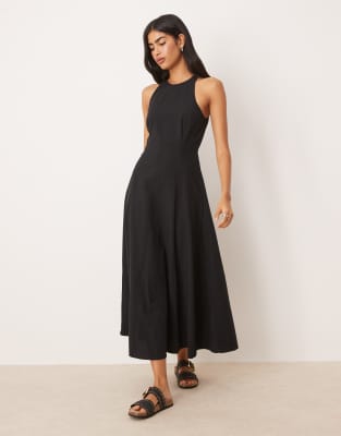 ASOS DESIGN - Sommerkleid in Midilänge in Schwarz mit U-Boot-Ausschnitt und Ziernähten
