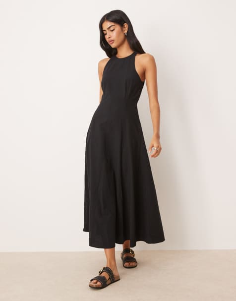 ASOS DESIGN – Sommerkleid in Midilänge in Schwarz mit U-Boot-Ausschnitt und Ziernähten - view 1