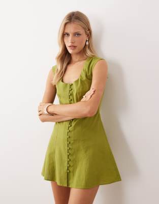 ASOS DESIGN - Sommerkleid in Minilänge in dunklem Limettengrün mit eckigem Ausschnitt und Knopfleiste