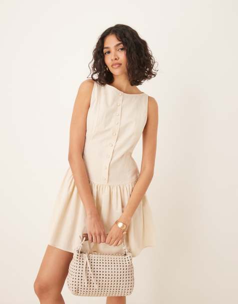 ASOS DESIGN – Sommerkleid in Minilänge in Hellbeige mit tief angesetzter Taille, U-Boot-Ausschnitt und Knopfleiste - view 1