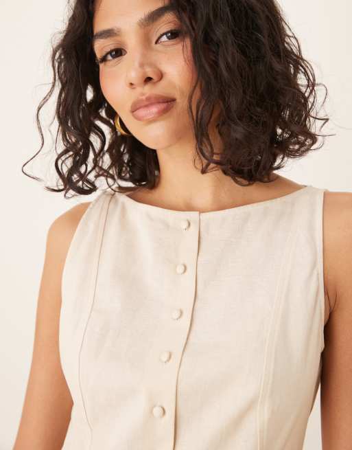 ASOS DESIGN – Sommerkleid in Minilänge in Hellbeige mit tief angesetzter Taille, U-Boot-Ausschnitt und Knopfleiste , 3 von 4