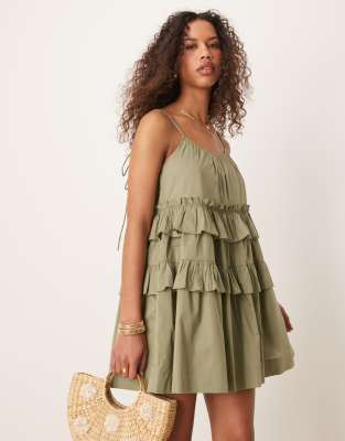 ASOS DESIGN - Sommerkleid in Minilänge in Khaki mit gestuften Rüschen-Grün