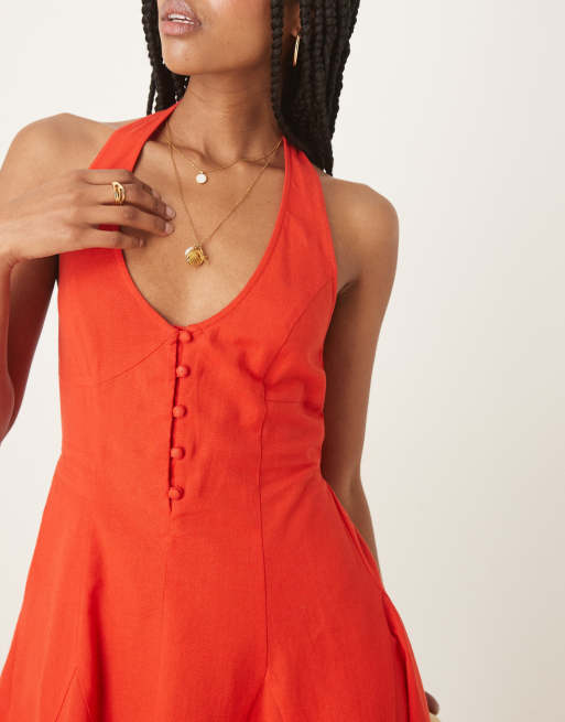 ASOS DESIGN – Sommerkleid in Minilänge in Rot mit Neckholder und Godet-Saum , 3 von 4