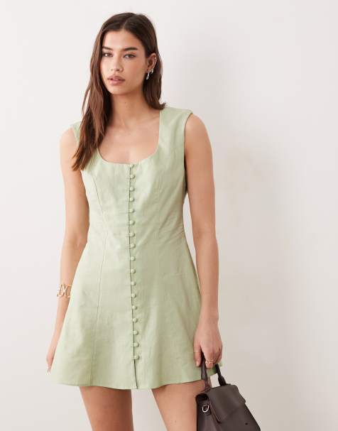 ASOS DESIGN – Sommerkleid in Minilänge in Salbeigrün mit eckigem Ausschnitt und Knopfleiste - view 1