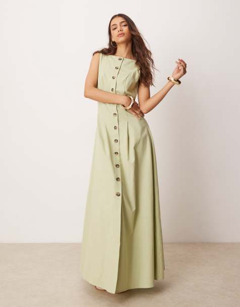 ASOS DESIGN – Sommerkleid in Salbeigrün in Maxilänge mit Westendesign, Knopfleiste und U-Boot-Ausschnitt - view 1