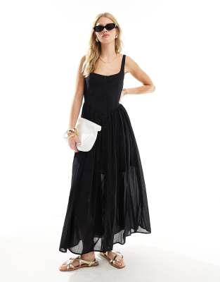 ASOS DESIGN - Sommerliches Midi-Picknick-Kleid aus Voile-Stoff in Schwarz