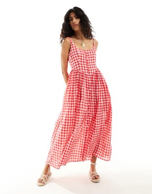 ASOS DESIGN - Sommerliches Midi-Picknick-Kleid in Rot aus Voile-Stoff mit Vichy-Karos-Bunt