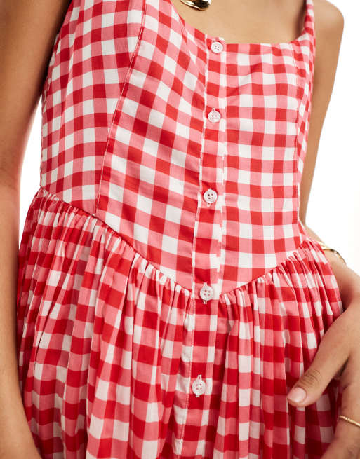 ASOS DESIGN Sommerliches Midi Picknick Kleid in Rot aus Voile Stoff mit Vichy Karos