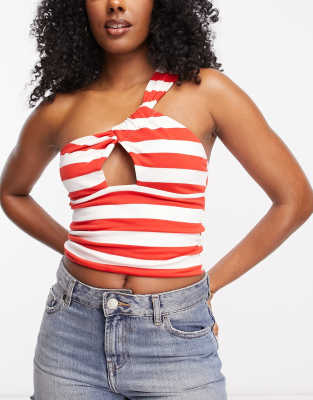 ASOS DESIGN - Sommerliches Oberteil mit Zierknoten vorne und One-Shoulder-Träger in Rot-Weiß gestreift-Bunt