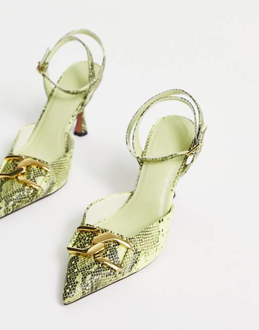 ASOS DESIGN Sommers chain detail mid heeled shoes in lime snake ASOS